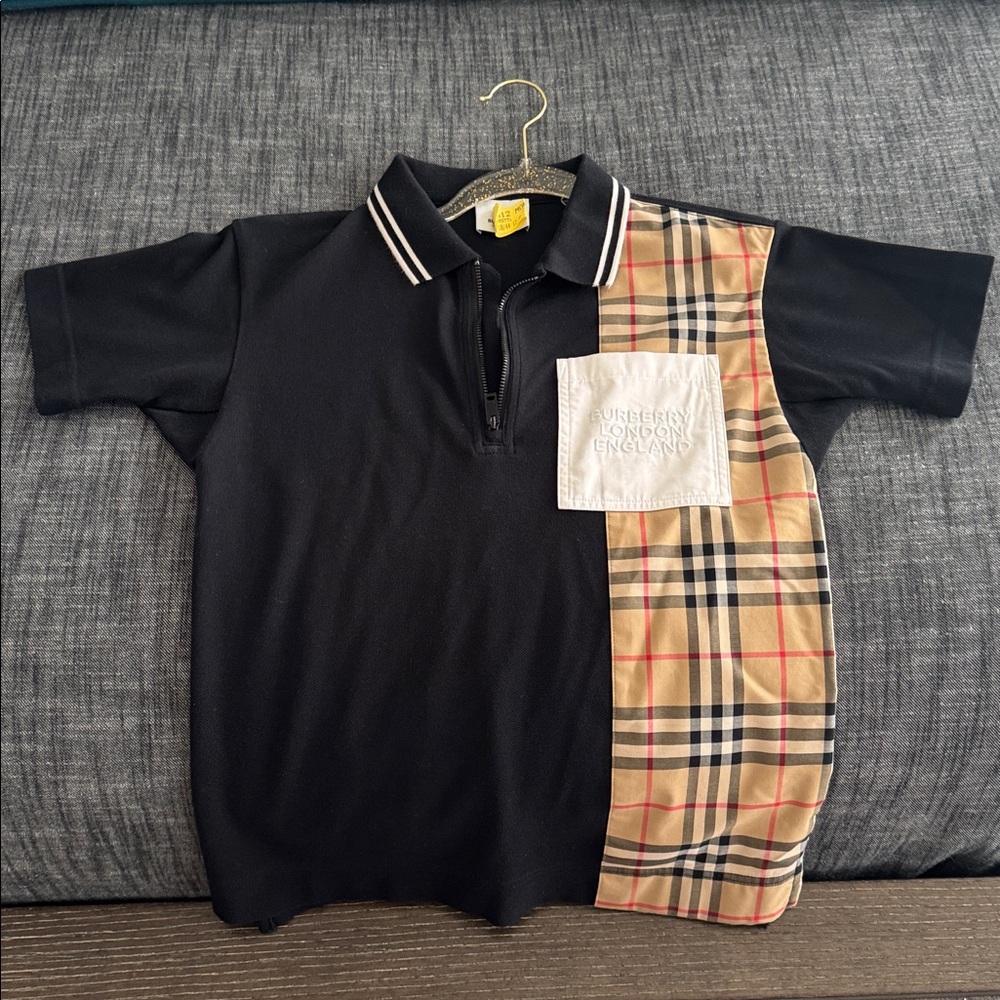 Burberry Black Polo with Plaid and White Accents